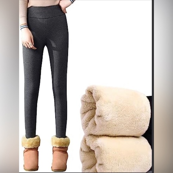 Pants - Leggings Polyester Sherpa Winter Warm Elastic Slim Thermal Pants Black SIZE M
